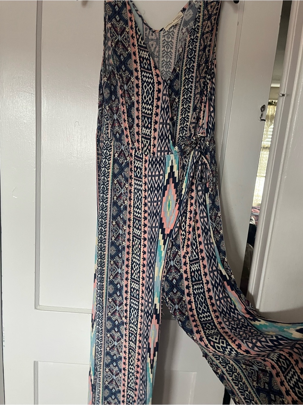 Sleeveless Navy and Pink Aztec-Print Jumpsuit with Waist Tie